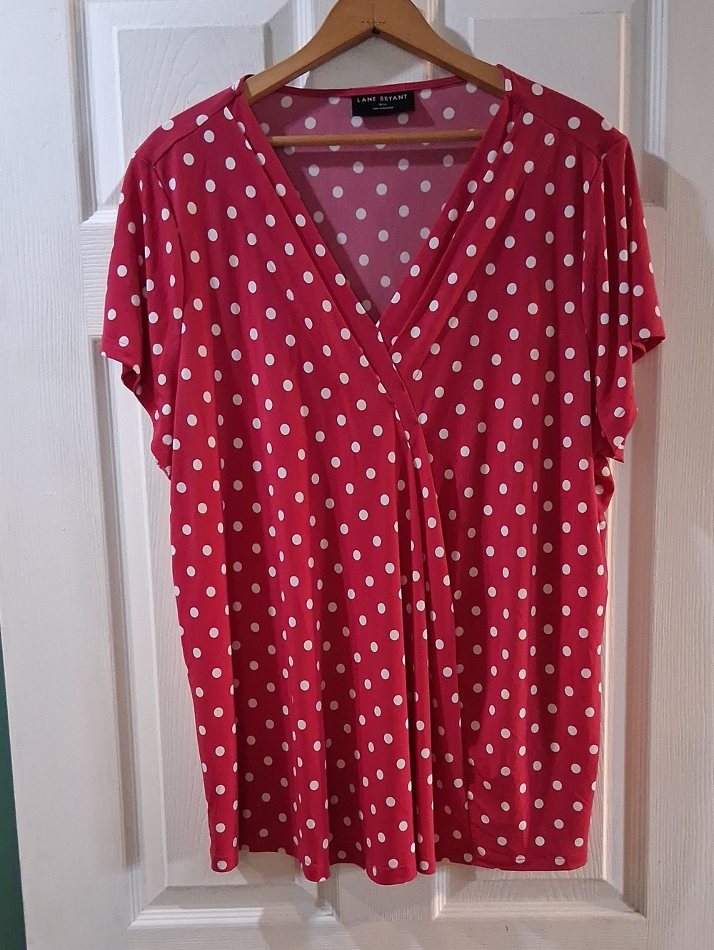 Lane Bryant Pink White Polka Dot V-Neck Blouse Stretchy